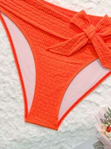Swim Vcay Bộ Bikini Màu Trơn Cho Nữ Có Kết Nối Tròn Và Cà Vạt Cổ, Bộ Bikini Gợi Cảm, Bãi Biển Mùa Hè - Màu Cam cháy - Xem 5