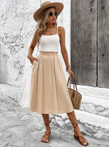 SHEIN LUNE Falda casual de mujer color caqui con dobladillo plisado y bolsillos - Caqui - Ver 5