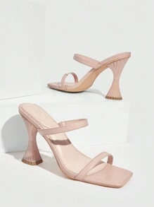 女鞋時尚方頭米白色多用途馬蹄跟高跟涼鞋 - 杏色 - 查看 5