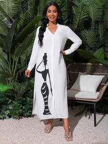 SHEIN LUNE 卡通印花襯衫裙，夏季長袖通勤裙 - 白色 - 查看 5