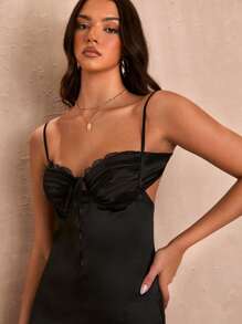 SHEIN BAE Robe longue d'été avec bordure en dentelle noire, nœud devant et fente ouverte - Noir - Voir 7