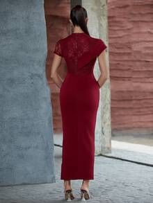 酒紅色不對稱短袖蕾絲分層連衣裙 - 酒紅色 - 查看 2