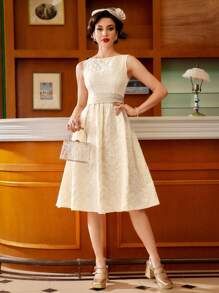 Vintamour Váy suông thanh lịch cổ điển cho nữ, họa tiết hoa jacquard mùa xuân/hè, thắt lưng nơ, váy xòe bãi biển cho khách dự tiệc cưới, trang phục mùa hè, váy maxi cho nữ, váy trắng tốt nghiệp, váy tốt nghiệp, trang phục hòa nhạc đồng quê, váy tiệc cưới, váy liền thân, váy jacquard dự tiệc - trắng - Xem 8