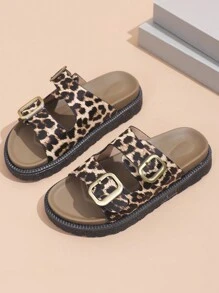 女士 PU 扣装饰凉鞋，黑色，豹纹，拼色，厚底时尚鞋，沙滩拖鞋 - 彩色 - 查看 6
