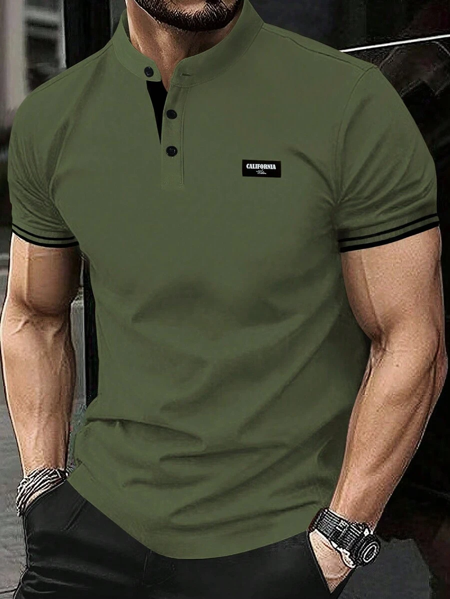 Manfinity Homme Conjunto de polo de manga corta y pantalones cortos para hombre, estilo sencillo y formal para uso diario - Verde militar - Ver 1