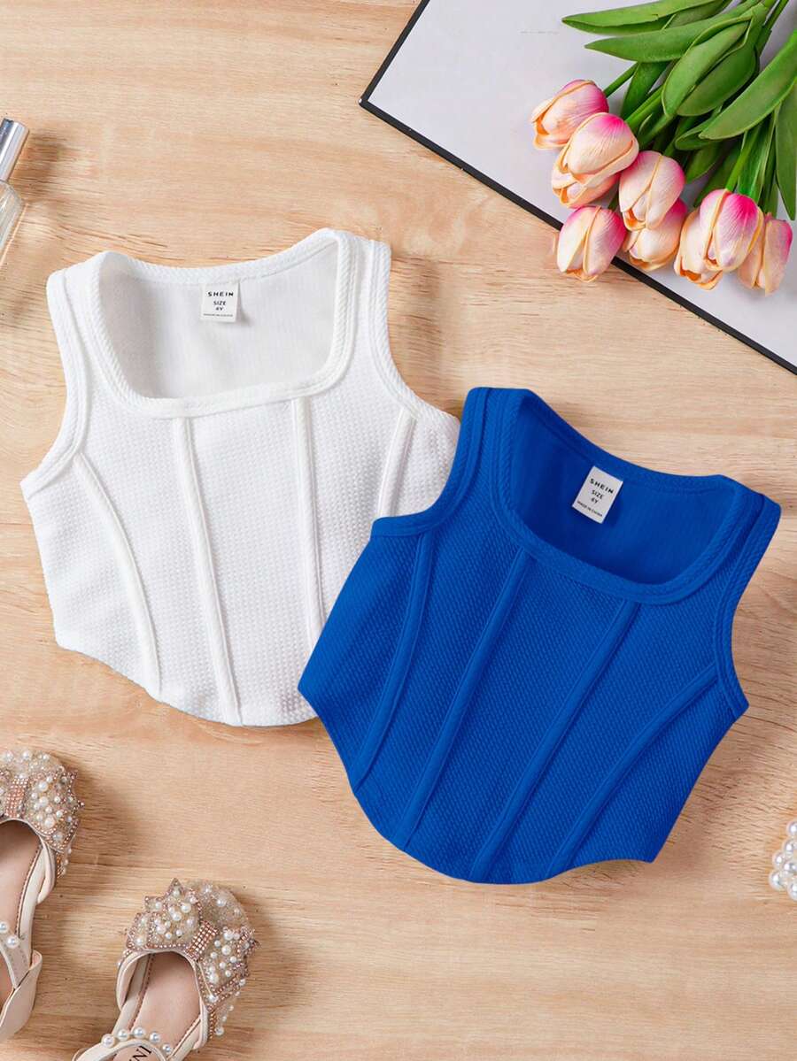 SHEIN 年輕女孩編織純色方領配搭休閒上衣，2件套裝 - 寶藍色 - 查看 1