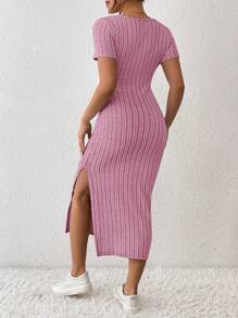SHEIN Frenchy Vestido feminino de manga curta com decote quadrado de cor sólida, com nervuras e fenda na barra, para o verão - Pink - Visão 2