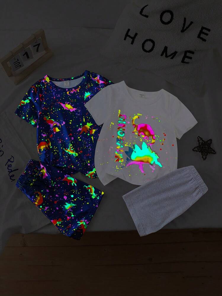 Young Boy Cool Fluorescent Dinosaur Printed Shorts And Short Sleeve Casual 2pcs Home Wear Pajamas Set