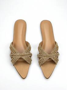 Sandalias planas puntiagudas color caqui con adornos de cadena de estrás elegantes y cómodas para mujer, para uso diario y de fiesta