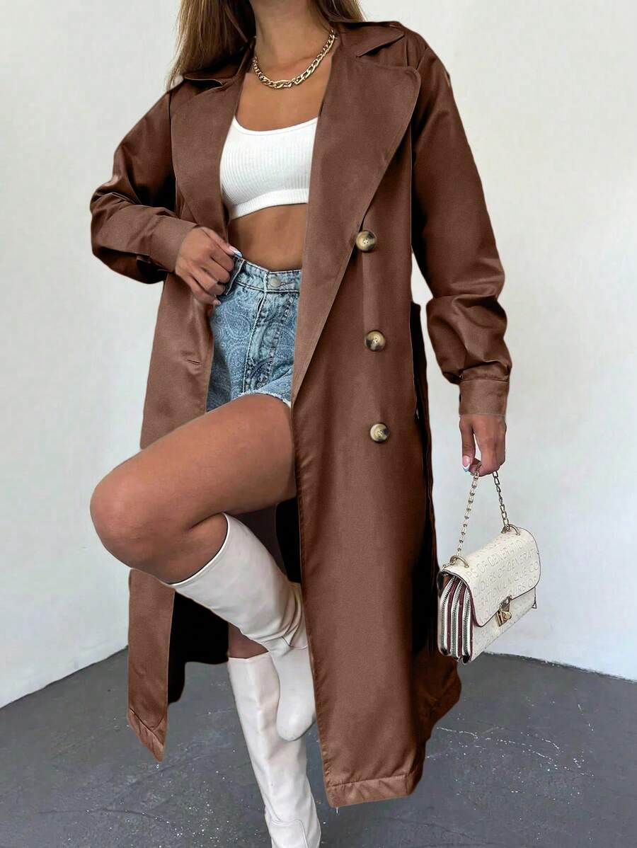 EURMUSE Women'S Mid-Length Double Breasted Trench Coat - Brown - View 1
