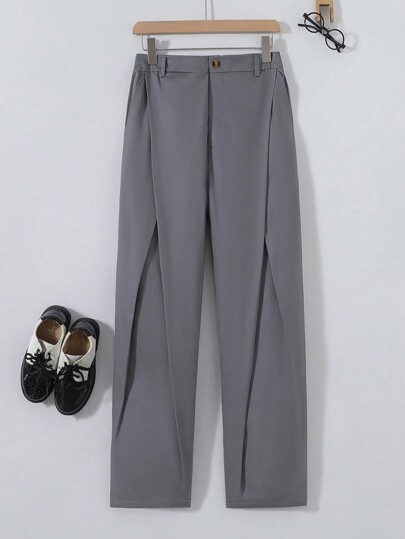 Pantalones rectos casuales para adolescente con botones, unicolor y bolsillos