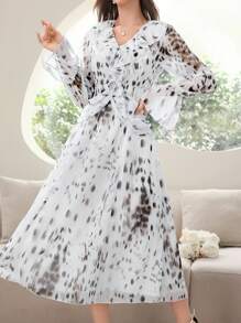 Modelyn 女式 V 领褶饰蕾丝腰带印花优雅长袖连衣裙，夏季 - 彩色 - 查看 6