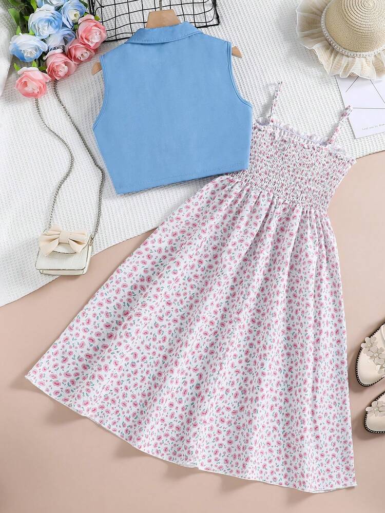 Tween Girl Summer Vacation Casual Solid Color Sleeveless Shirt + Ditsy Floral Print Cami Dress 2pcs Outfit