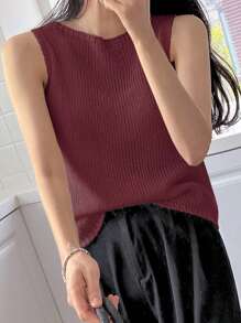 Summer Round Neck Solid Color Sleeveless Knitted Top - Burgundy - View 5