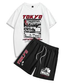 Manfinity LEGND 男士賽車紋下垂肩t恤和短褲套裝 - 彩色 - 查看 2