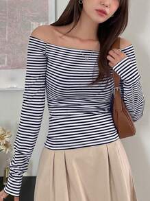 DAZY Women's Spring And Summer Off-Shoulder Long Sleeve Striped Casual T-Shirt - Navy Blue - View 7