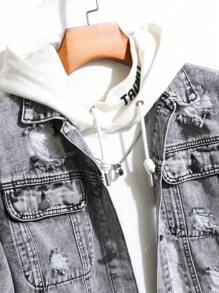 Manfinity EMRG Men Ripped Flap Pocket Denim Jacket Without Hoodie, Plain Grey Party Grunge Rapper Denim Jacket