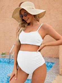 SHEIN Summer Beach Solid Color Maternity Cami Top And Bottom Bikini Set, Maternity Bathing Suit
