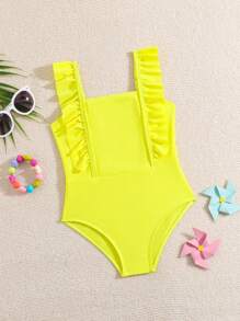 Young Girl Solid Color Square Neck Ruffled One-Piece Swimsuit, Summer Beachwear