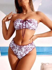 SHEIN Swim 女士花卉印花抹胸系腰性感比基尼套装，适合夏季度假 - 紅白色 - 查看 5