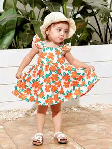 SHEIN Váy bé gái thường ngày ngày lễ họa tiết hoa Colorblock Bowknot Flutter Tay áo - trái cam - Xem 2