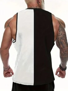 Camiseta de tirantes casual de cuello redondo con impresión de expresión de color contrastado para hombre de verano - Blanco y Negro - Ver 2