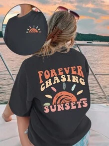 大码女式夏季宽松圆领 T 恤，带口号印花和落肩 FOREVER CHASING SUNSETS 图案 T 恤女式上衣 - 深灰色 - 查看 1
