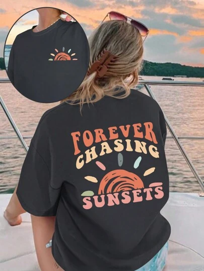 INAWLY 大码女式夏季宽松圆领 T 恤，带口号印花和落肩 FOREVER CHASING SUNSETS 图案 T 恤女式上衣