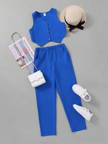 SHEIN Conjunto de pantalón largo sin mangas Street-Style para niña preadolescente, tejido sólido de color con cuello en V para mezclar y combinar en primavera y verano - Azul - Ver 8