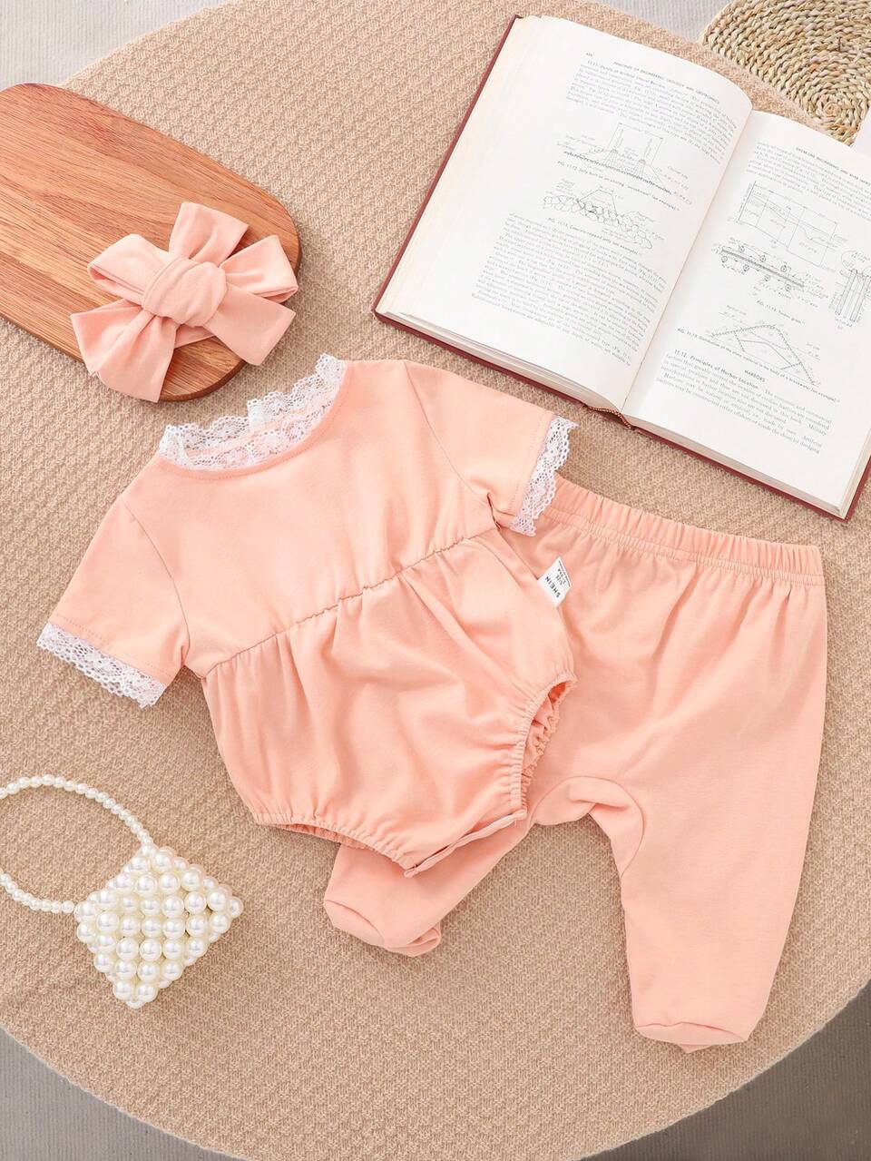 Baby Girl Lotus Pink Short Sleeve Romper With Long Pants, Casual 2pcs Home Outfits