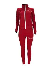 春秋休闲字母刺绣拉链运动夹克和裤子套装音乐节、摇滚、朋克、哥特 - 紅色 - 查看 3