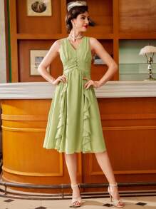 Vintamour Sage Green Elegant Summer Date Women's Dress,Vintage V Neck Mesh Chiffon Ruched Ruffle Hem Sleeveless Faux Pearl Button Midi Formal Wedding Dresses - Green - View 4