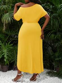 SHEIN Lady 大尺碼不對稱領口褶皺腰身开衩純色波西米亚夏季度假裙 - 黃色 - 查看 2
