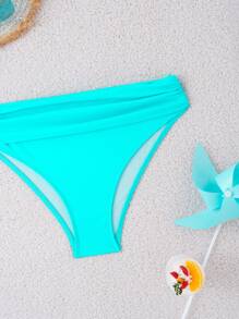 SHEIN Swim 夏季海滩纯色褶皱比基尼泳裤，度假泳装 - 藍色 - 查看 6