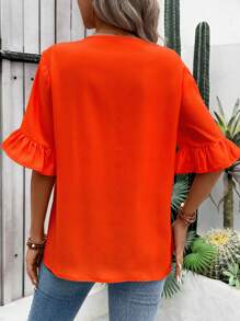SHEIN LUNE Women's Summer Holiday Geometric Print Notch V-Neck Bell Sleeve Loose Blouse - Orange - View 2