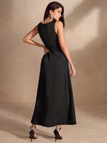 Anewsta Elegant V-Neck Sleeveless Dress With Pleats And Cinched Waist, Summer