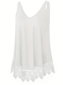 加大码夏季休闲蕾丝拼接纯色吊带背心 白色 - 白色 - 查看 1