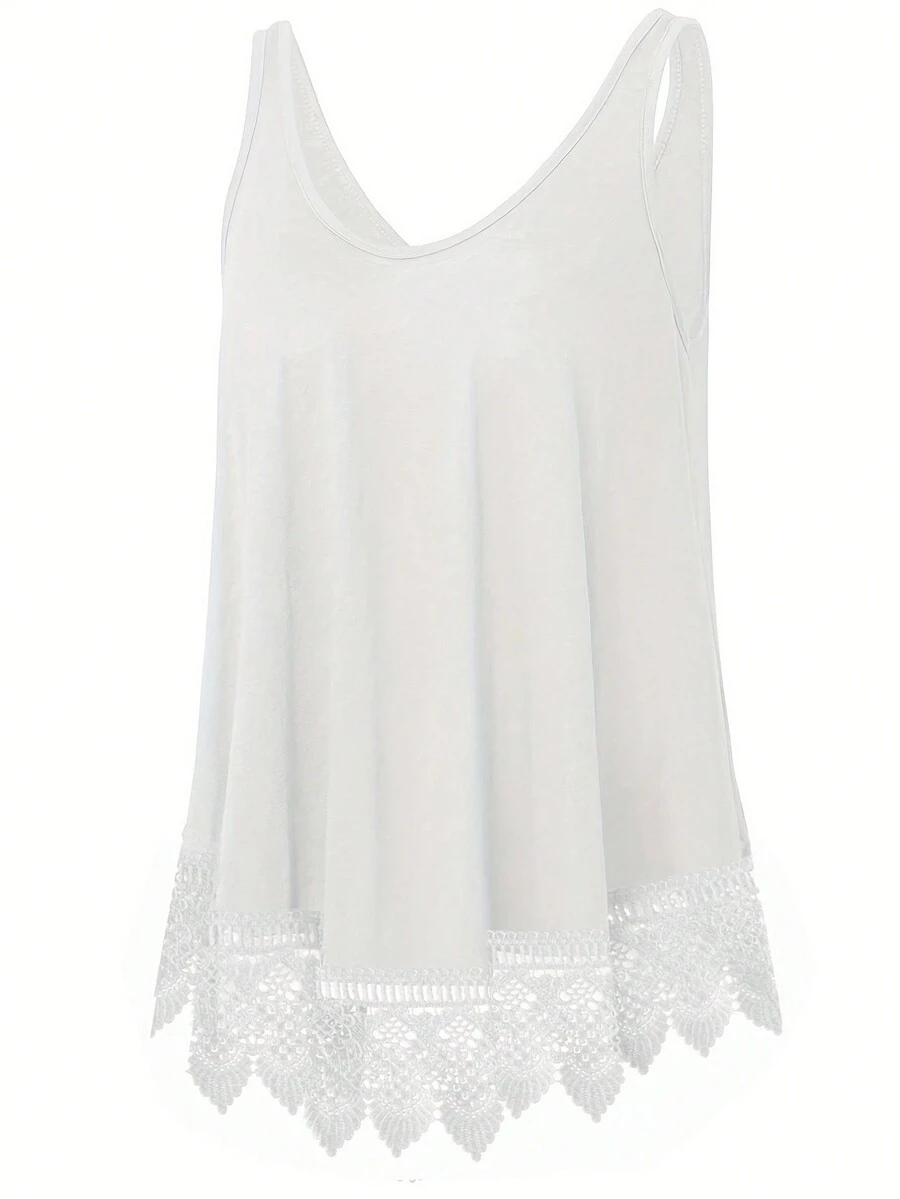 加大码夏季休闲蕾丝拼接纯色吊带背心 白色 - 白色 - 查看 1