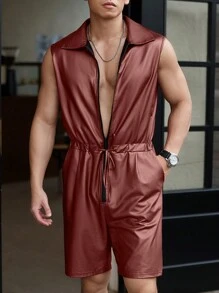 Manfinity Homme 男式純色無袖連身褲，帶拉鍊、打結腰帶和口袋，適合夏季 - 酒紅色 - 查看 1