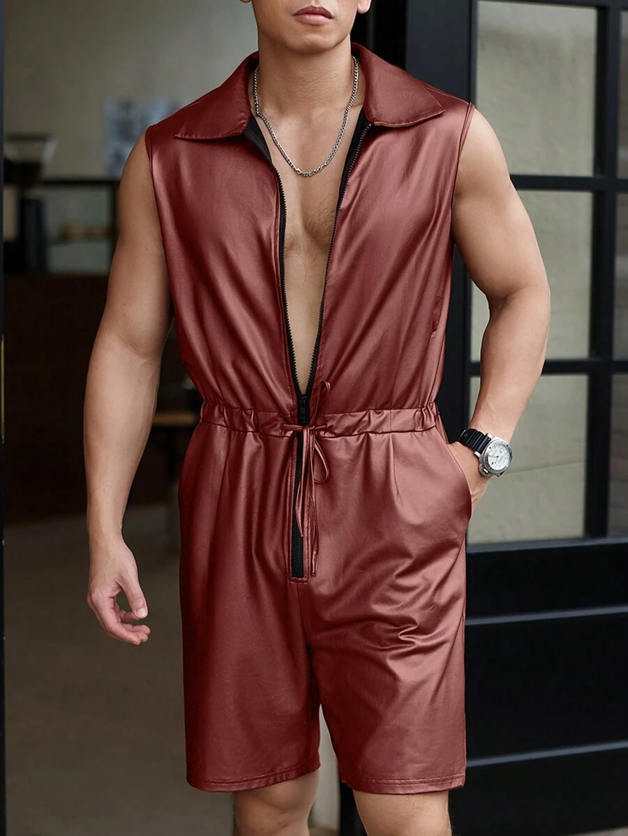 Manfinity Homme 男式純色無袖連身褲，帶拉鍊、打結腰帶和口袋，適合夏季 - 酒紅色 - 查看 1