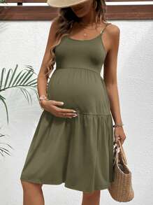 SHEIN Damen Umstandskleid Einfarbig, ärmellos, mit Rüschensaum und Trägern, perfekt für Urlaubsbabyparty für Schwangere - Armeegrün - Übersicht 3
