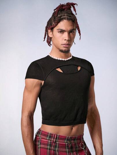 Manfinity Fever City Suéter corto hueco redondo con cuello redondo para hombre, ideal para verano