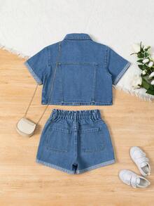 Conjunto para niña preadolescente de camisa de mezclilla azul con bordado de manga corta y pantalones cortos lavado mediano - Azul lavado medio - Ver 2