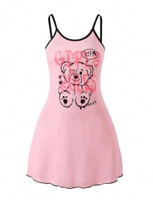 SHEIN Women's Teddy Bear Print Ruffle Hem Spaghetti Strap Nightgown - Pink - View 1