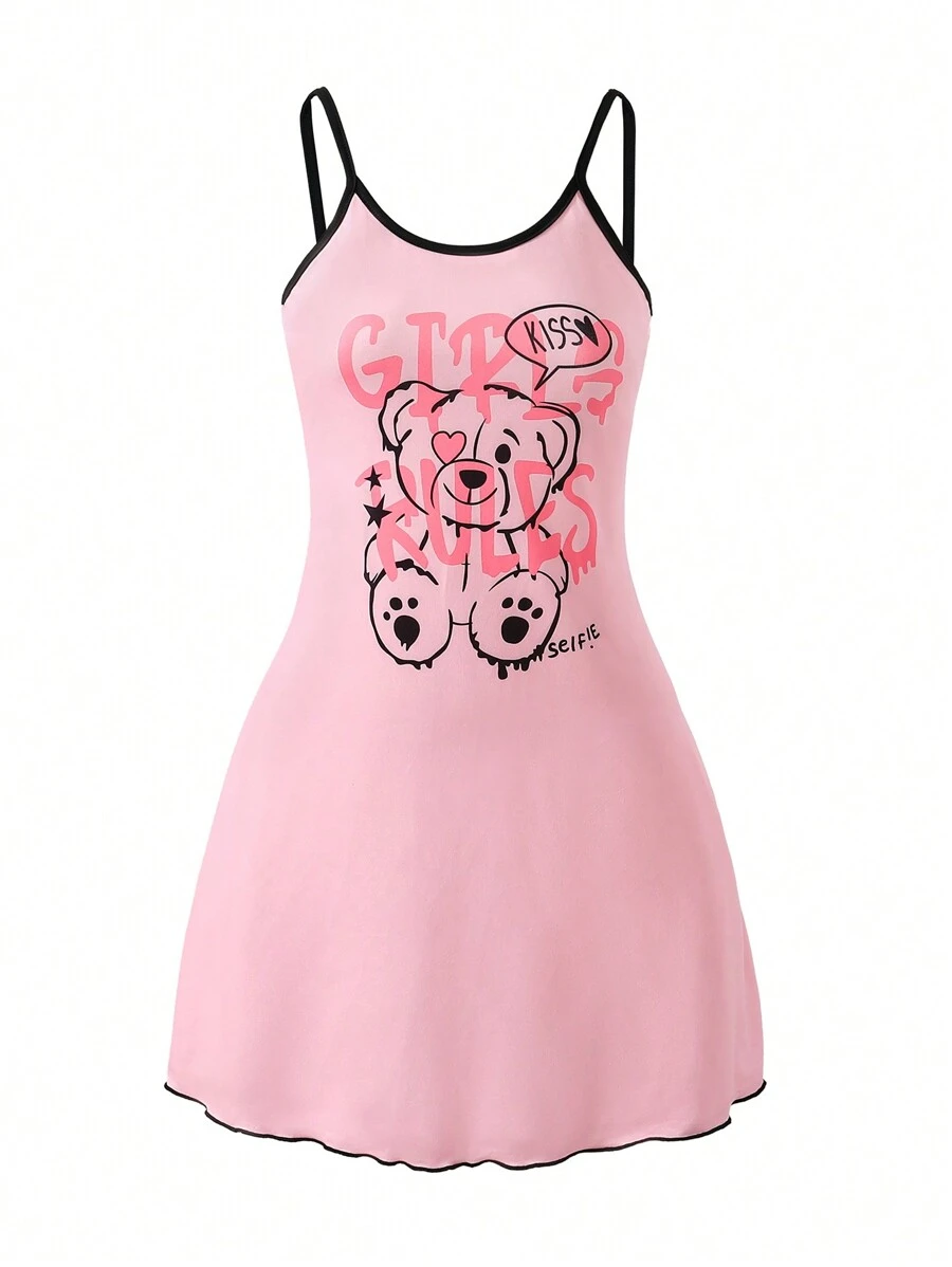 SHEIN Women's Teddy Bear Print Ruffle Hem Spaghetti Strap Nightgown - Pink - View 1