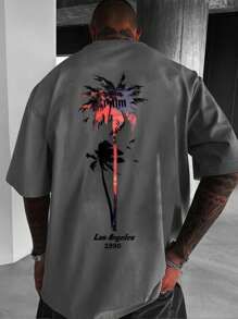 Men's Summer Letter & Palm Tree Print Crew Neck Short Sleeve Casual T-Shirt - Grey - View 1
