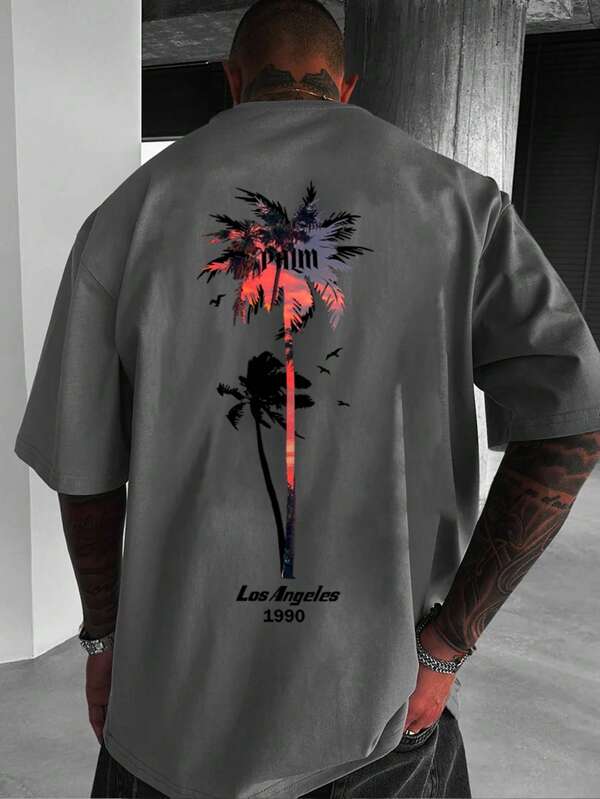 Men's Summer Letter & Palm Tree Print Crew Neck Short Sleeve Casual T-Shirt