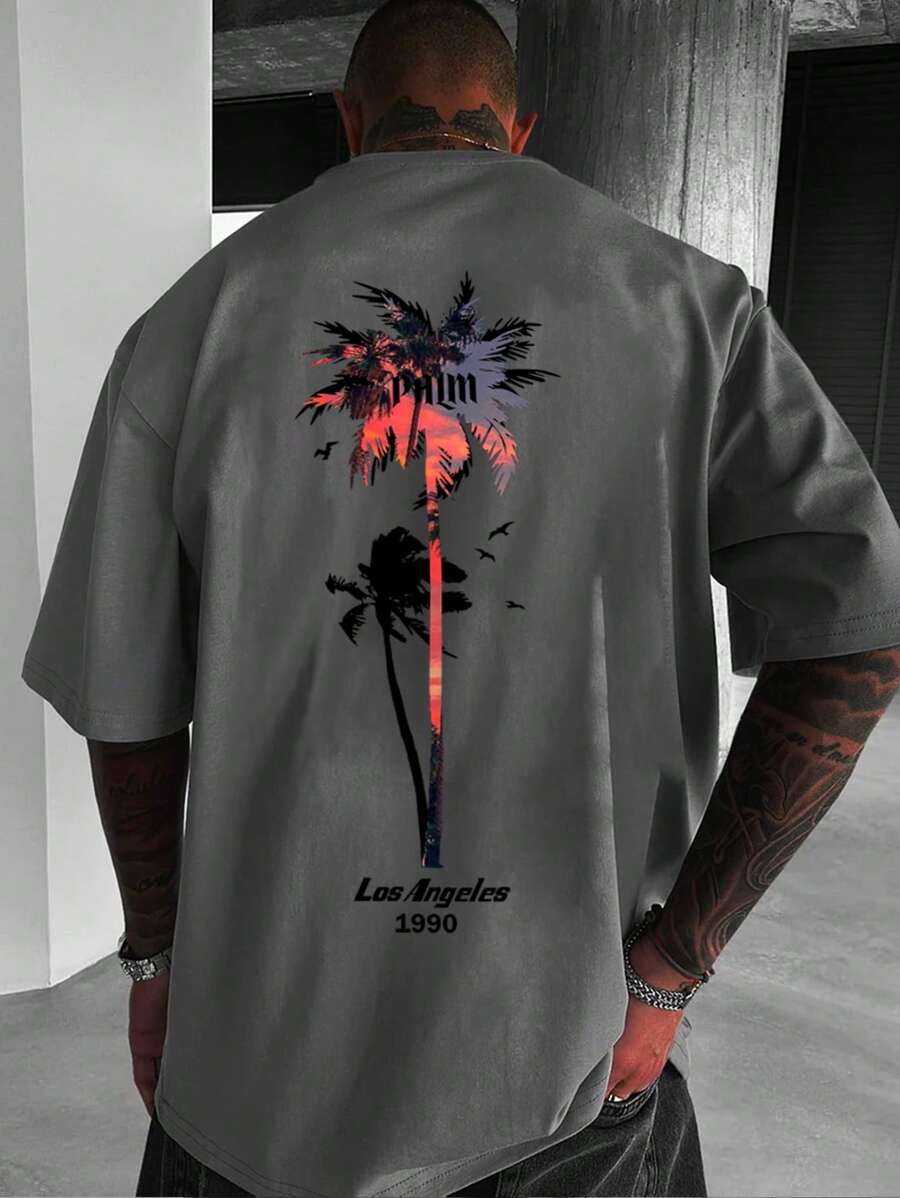Men's Summer Letter & Palm Tree Print Crew Neck Short Sleeve Casual T-Shirt - Grey - View 1