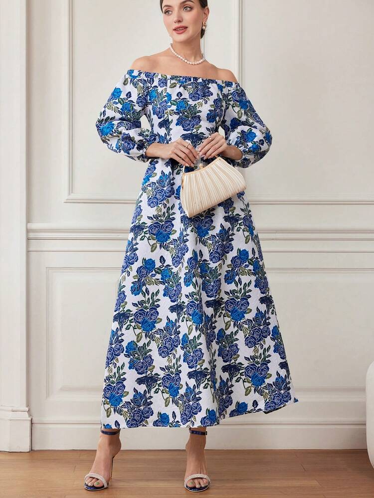 Women's Summer Floral Printed Off Shoulder Lantern Sleeve Long Elegant Dress For Vacation