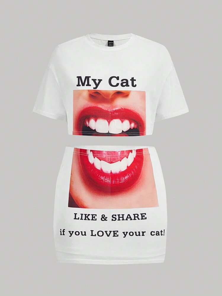 Quirky Fun Lip Print Two-Piece Outfit